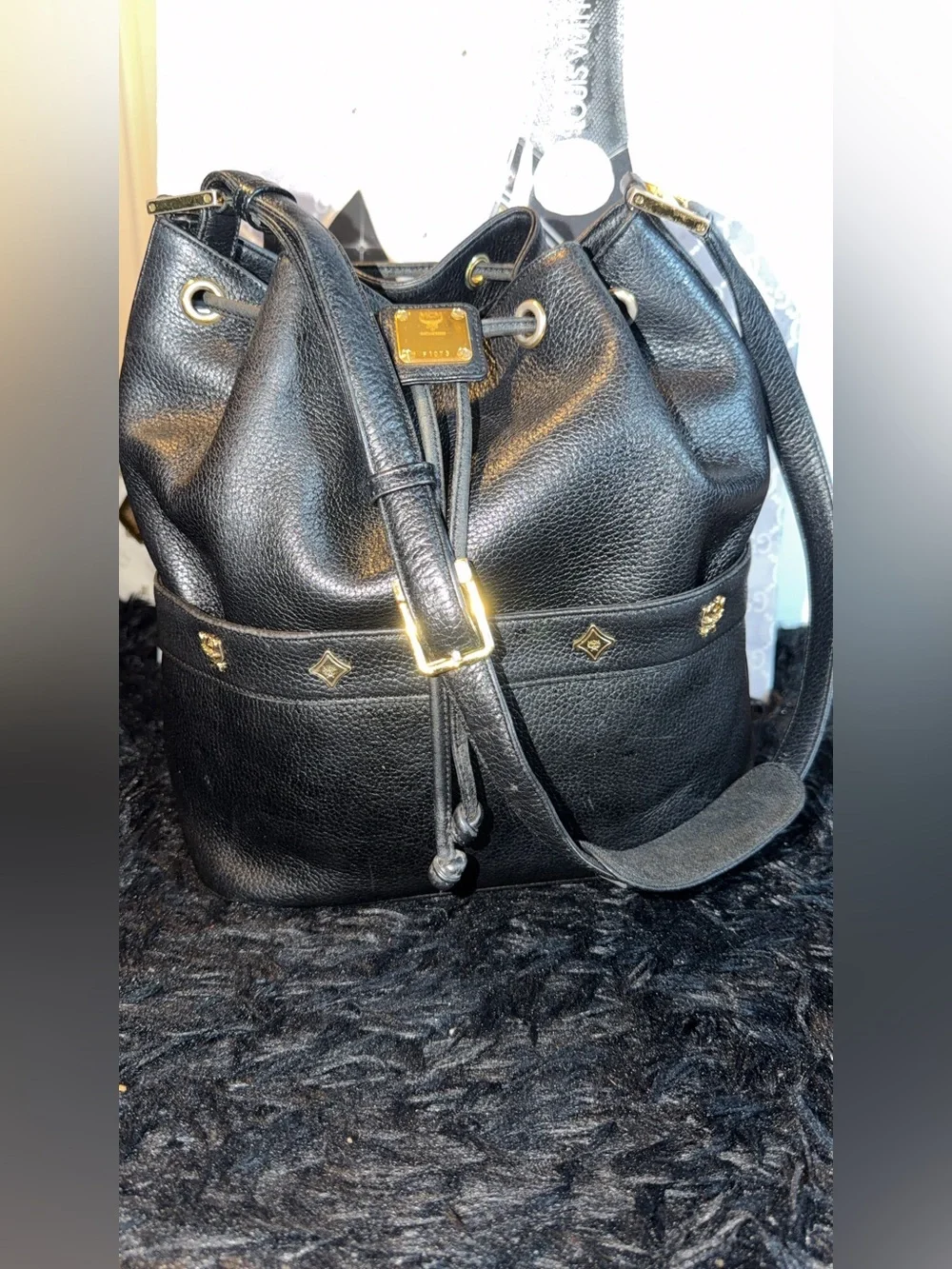 MCM Drawstring Bucket Bag with Gold Accents